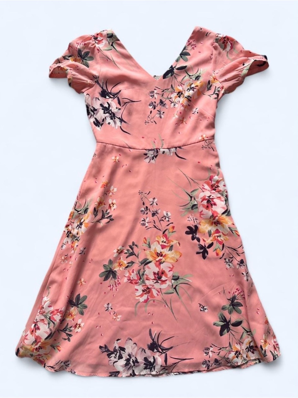 LOFT Pink Gathered Waist Floral Print Dress